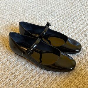 Larroude Blair Black Patent Leather Mary Jane Shoes with Gold Buckle Sz 6.5